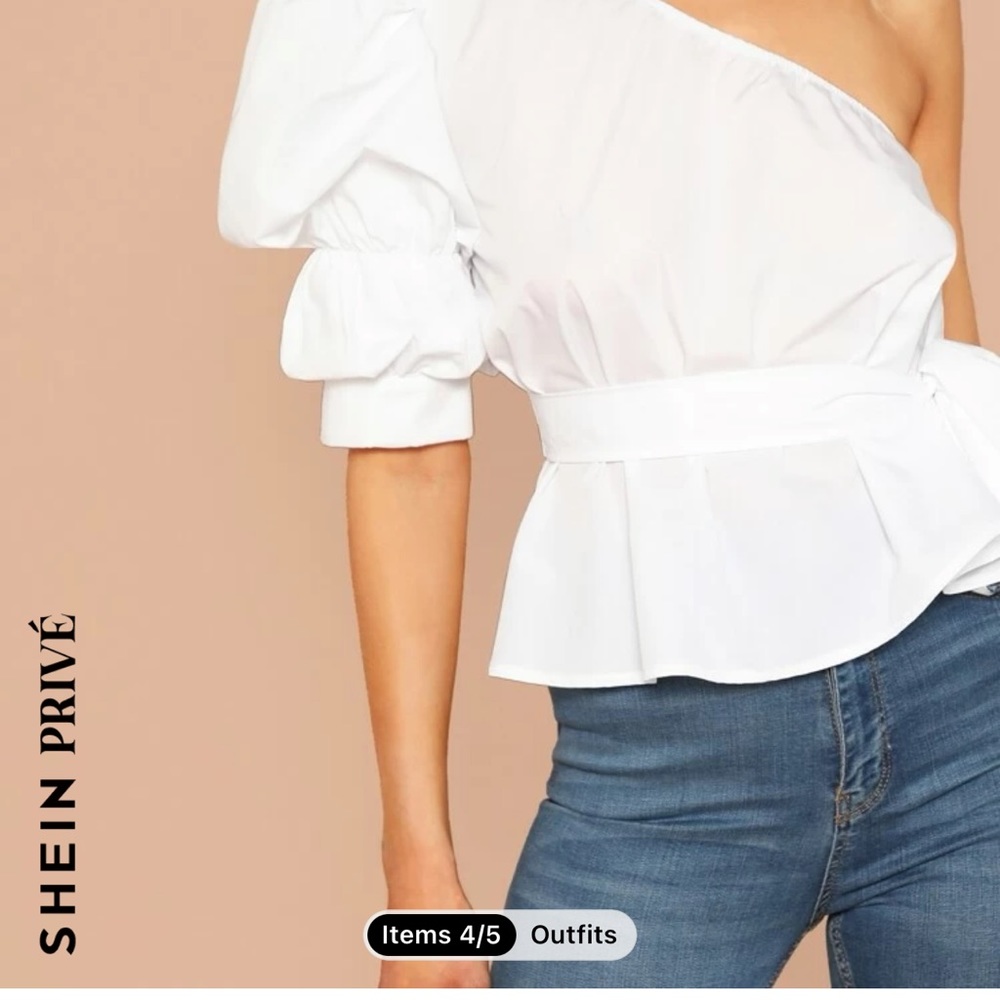 SHEIN Privé One Shoulder Puff Sleeve Belted Solid Top